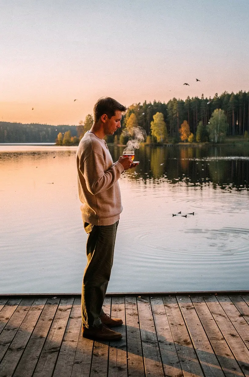 Rytinė arbatos ritualo scena su saulės spinduliais ir ramybės atmosfera.